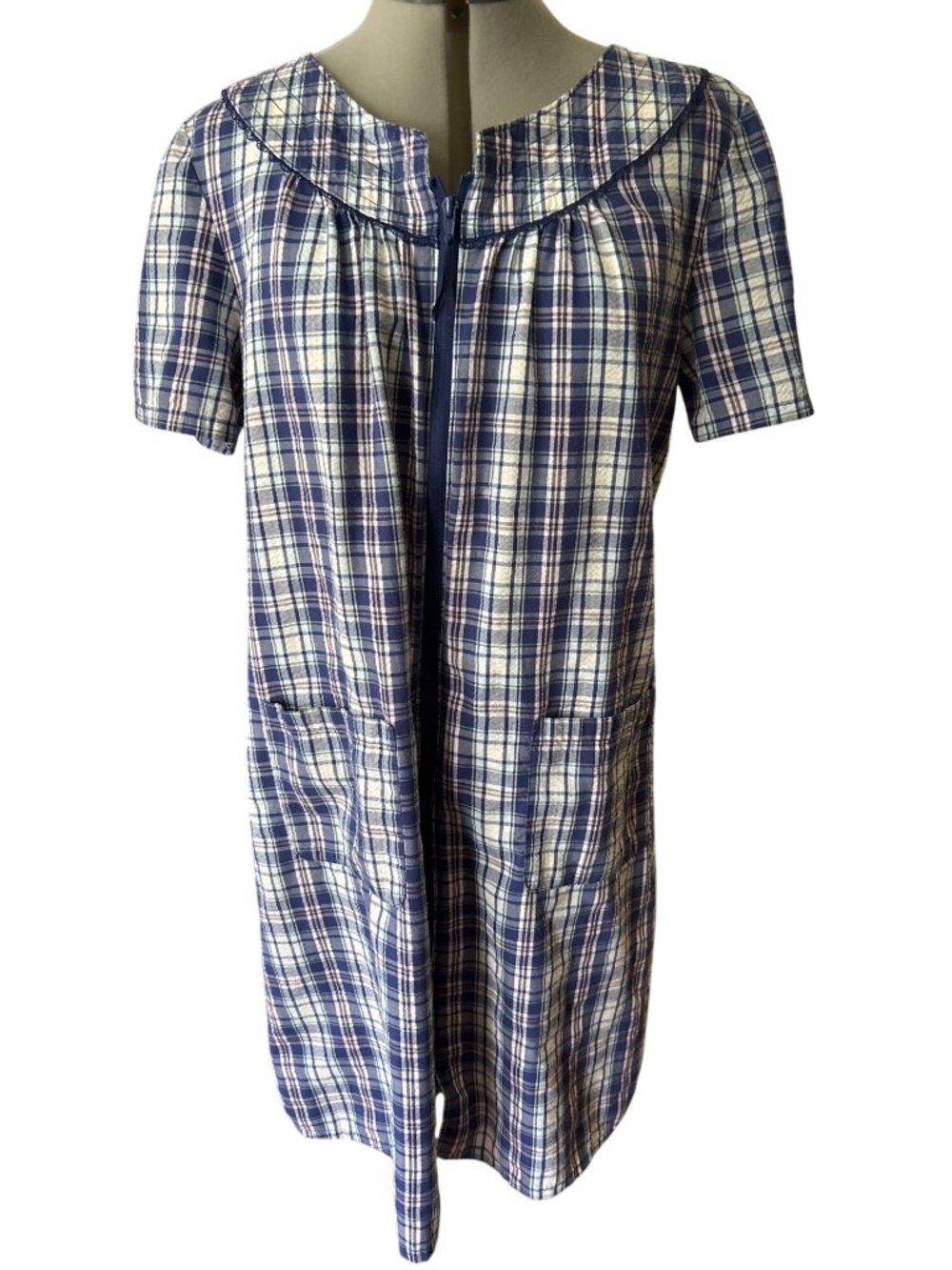 Croft & Barrow Womens Plaid Zip-Front Short Sleeve Robe W/Pockets Blue/White M